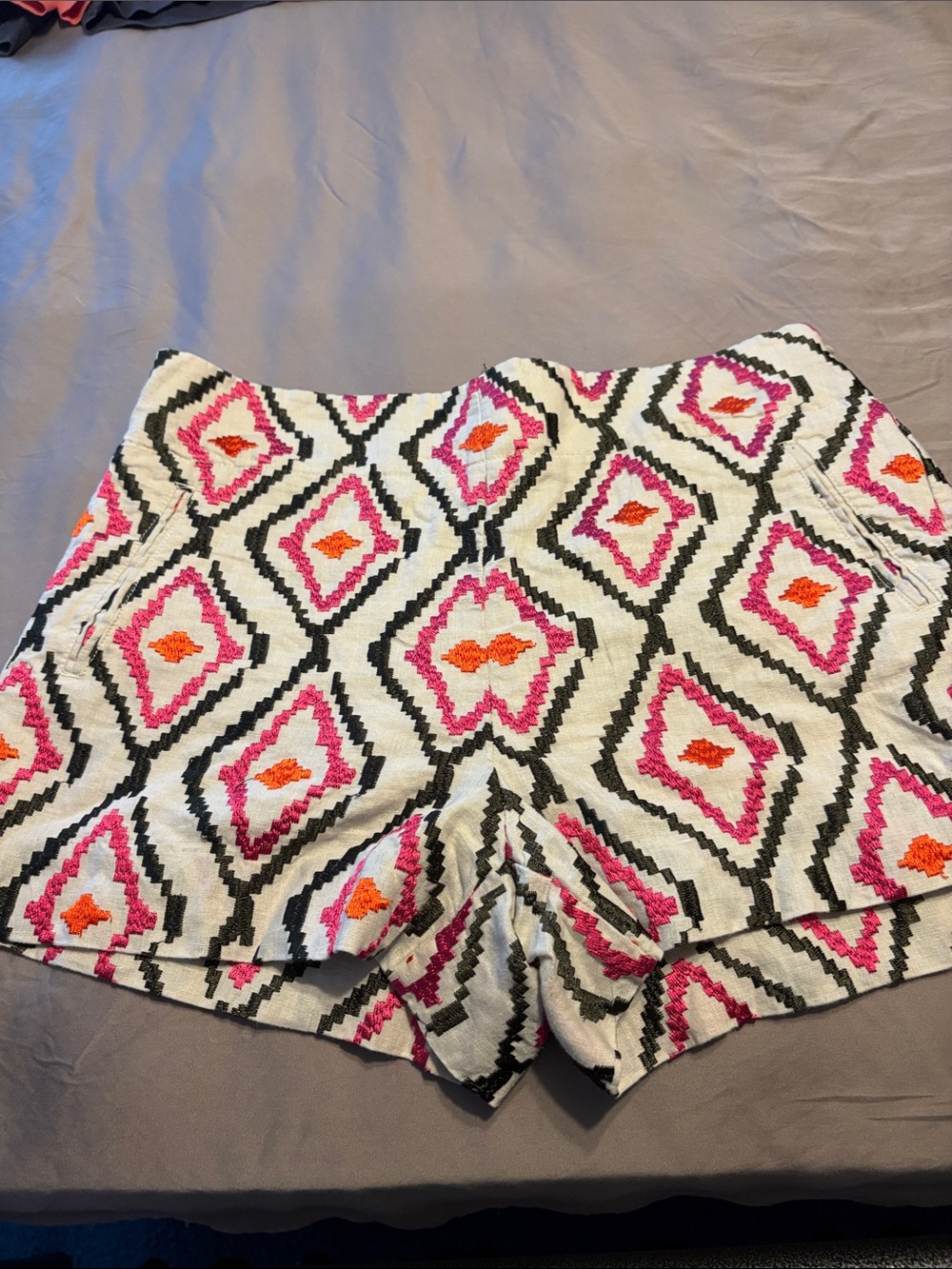 Women’s Printed High-Rise Shorts in White with Pink & Orange Diamond Pattern